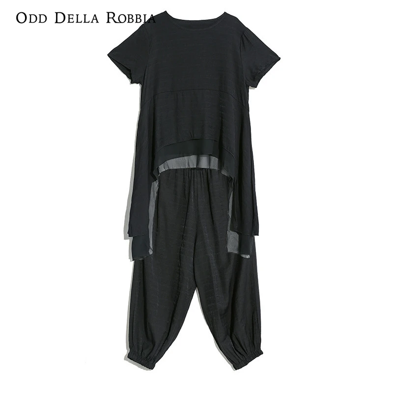 

OddDellaRobbia Summer New Short-Sleeved O-Neck Fashion Suit Dark Style Personality Elastic Waist Two-Piece Harem Pants Women5122