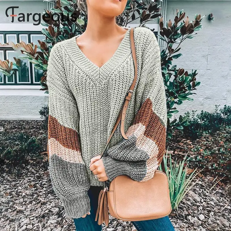 Женский лоскутный свитер размера плюс с v-образным вырезом Свободный пуловер в