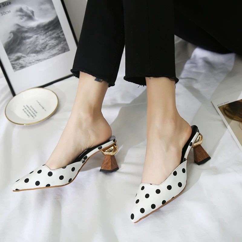 Шикарные женские тапочки в горошек на высоком каблуке Женские туфли без задника