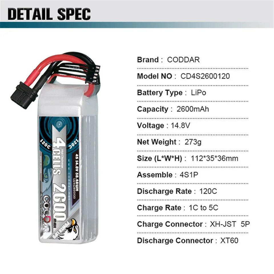 4S 2600MAH 14 8 V 120C литий-полимерный аккумулятор XT60 Штекерный Соединительный проводной