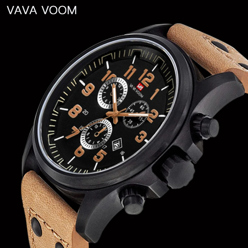 

VAVA VOOM New Men's Quartz Wrist Watches Military Leather Waterproof Watch White Gold Luxury Round Men Watch Relogio Masculino
