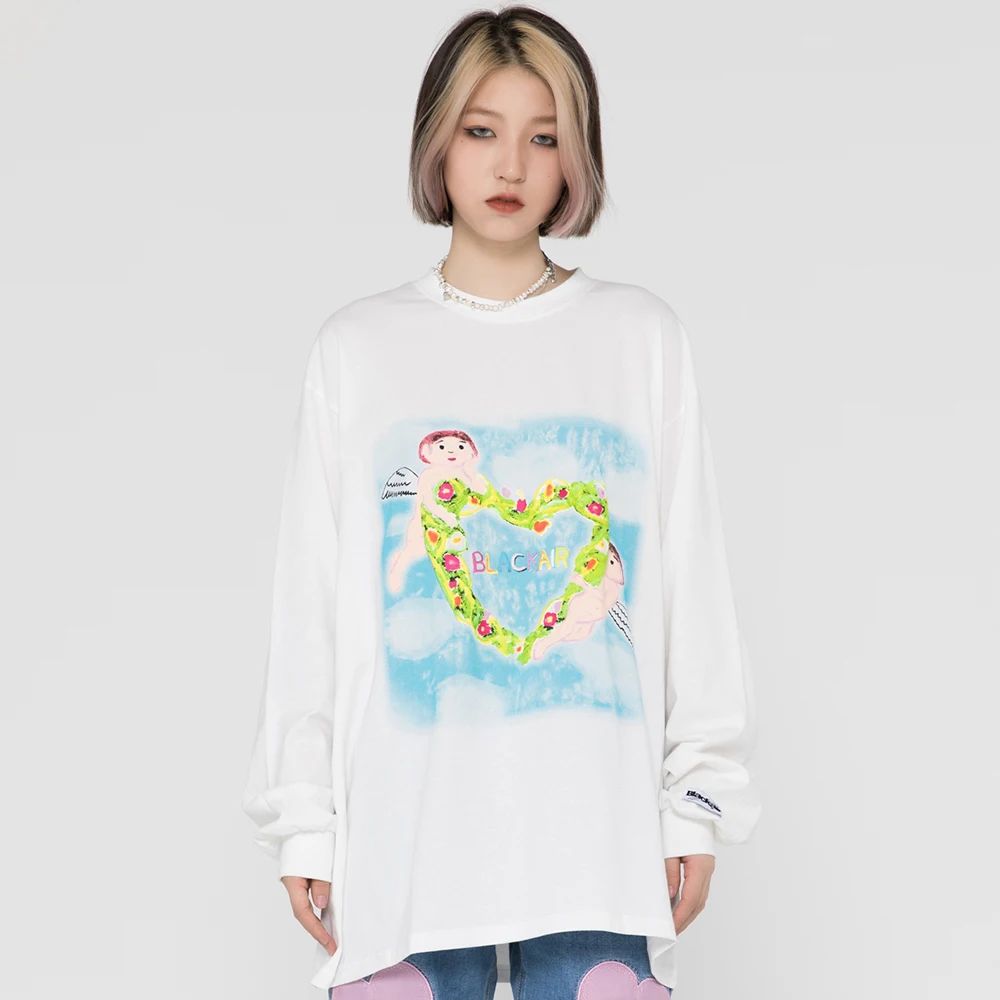 

Oversize Hip Hop Men's T Shirts Peace Angel Foam Print Unisex Women Long Sleeve Sweatshirt Harajuku Punk Streetwear Loose Tops