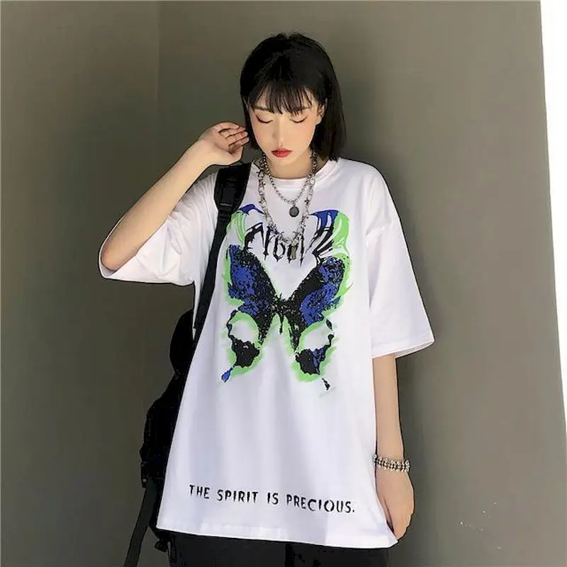 

Белый Harajuku футболки в стиле панк уличный стиль футболка с короткими рукавами в винтажном стиле размера плюс, одежда летние футболки для мал...