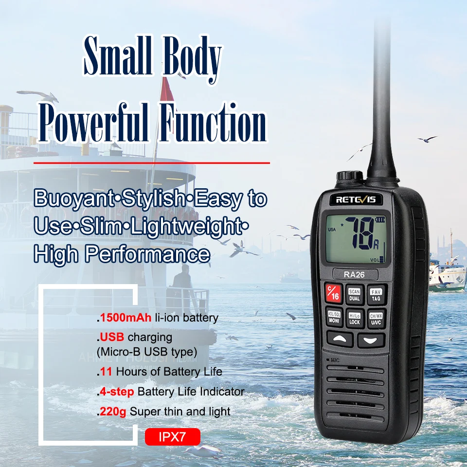 Retevis RA26 Portable VHF Marine Radio Floating Walkie Talkie Waterproof IP67 5W Vibration Water Draining Long Range VHF Radio