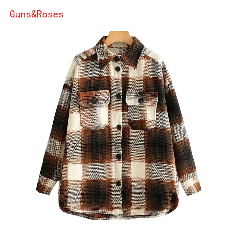 

Vintage Stylish Pockets Oversized Plaid Jacket Coat Women 2021 Fashion Lapel Collar Long Sleeve Loose Outerwear Chic Tops