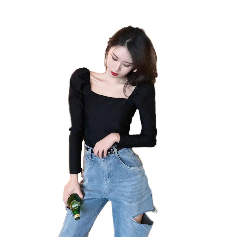 Фото Sexy Women Black Shirts Autumn Vintage Puff Sleeves Crop Tops Square Collar Slim T-shirt Fashion Long Sleeve Solid Chic Tees Женская Sexy Women Black Shirts Autumn Vintage Puff Sleeves Crop Tops Square Collar Slim T-shirt Fashion Long Sleeve Solid Chic Tees Женская