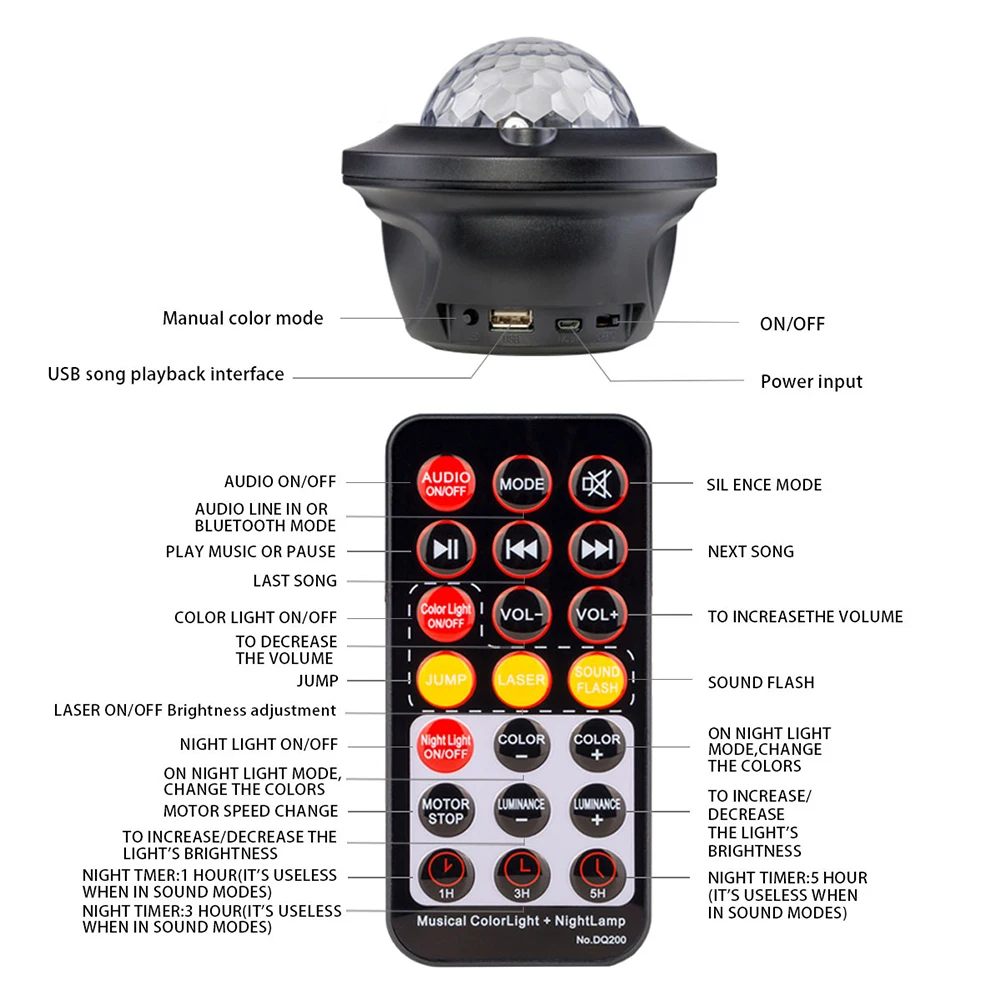 

Colorful LED Starry Watermark Projector Remote Control USB Music Laser Night Light Romantic Stage Projection Lamp