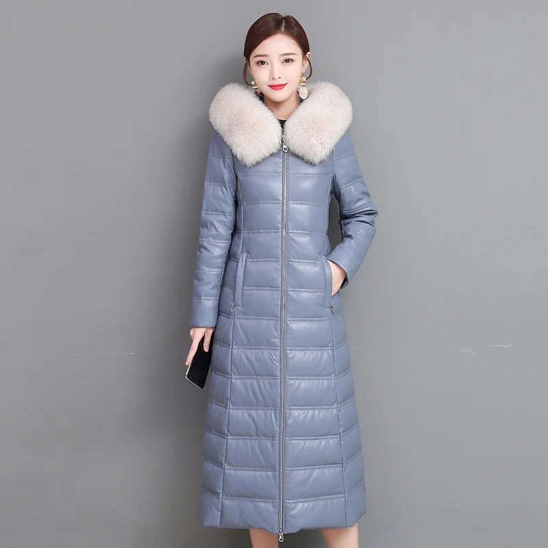 New Women Sheep Leather Down Coat Autumn Winter 2022 Warm Hooded Soft Real Fur Collar Slim Sheepskin White Duck Down Overcoat