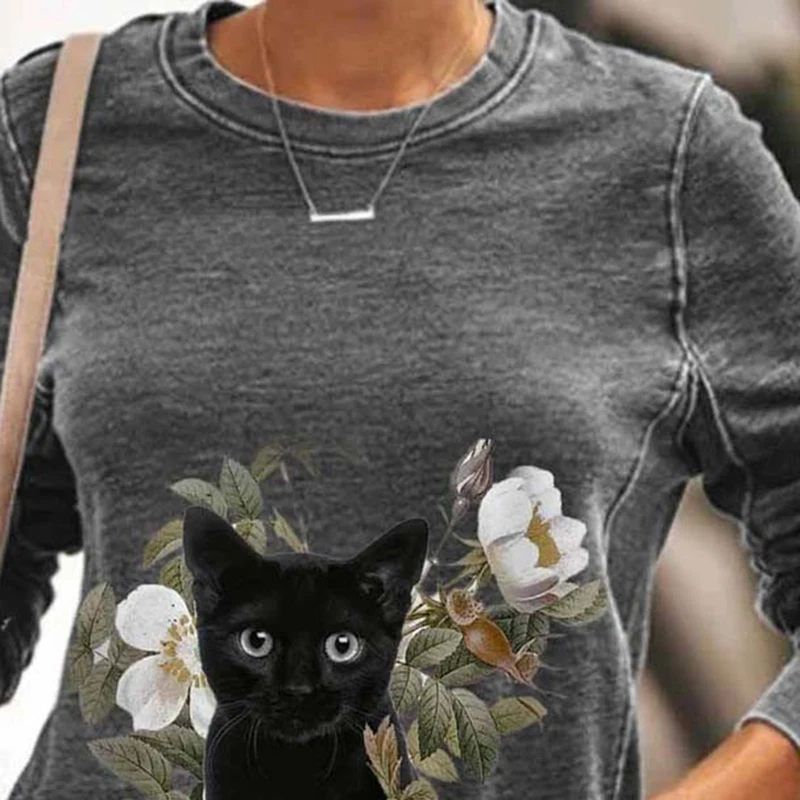 Модная повседневная женская футболка в стиле Харадзюку с принтом кота недорогая