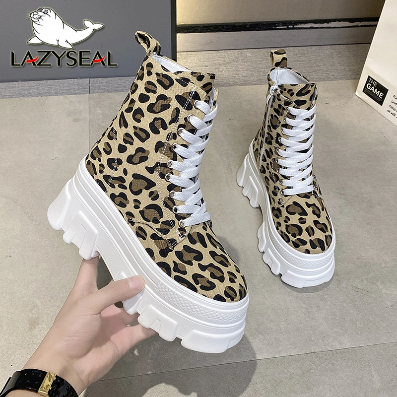 

Lazyseal Canvas Platform Women Boots High Heels Polka Dot Narrow Band Zip Autumn Street Hiking Women Designer 9cm School Sneaker