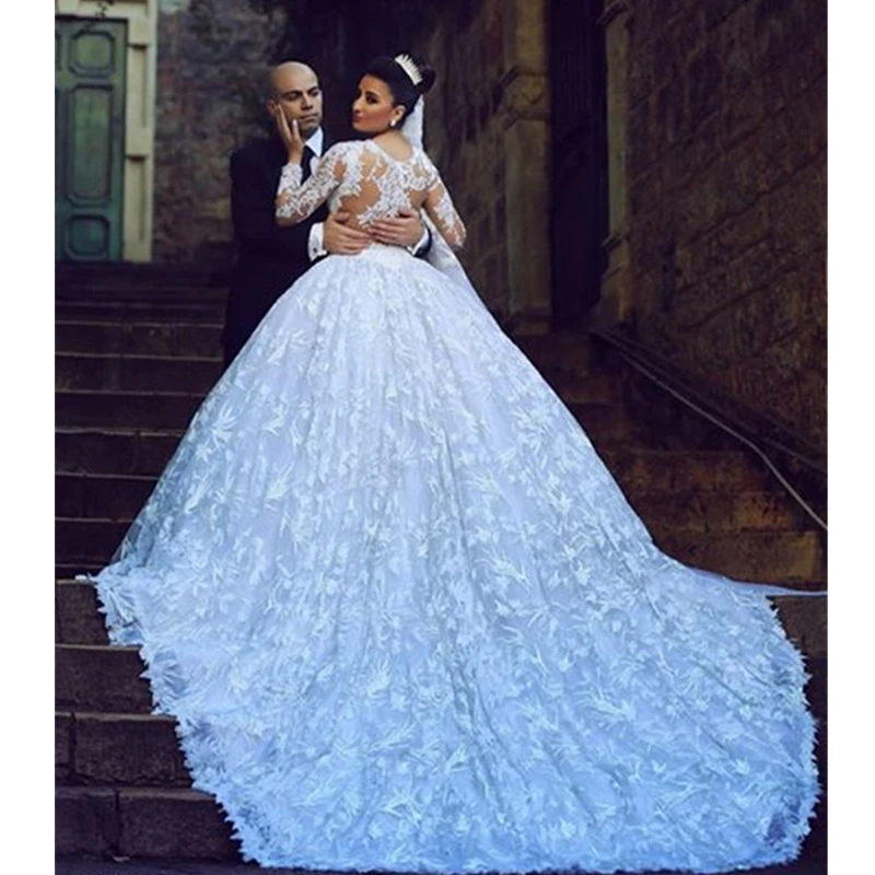 

trouwjurk Luxury vestido de noiva 2020 Romantic Long Sleeve White Lace chapel Train Aliexpress China Wedding Dresses