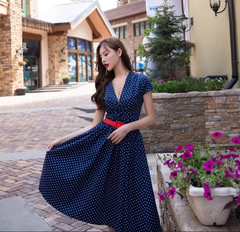 Женское винтажное плиссированное платье средней длины с V-образным вырезом и