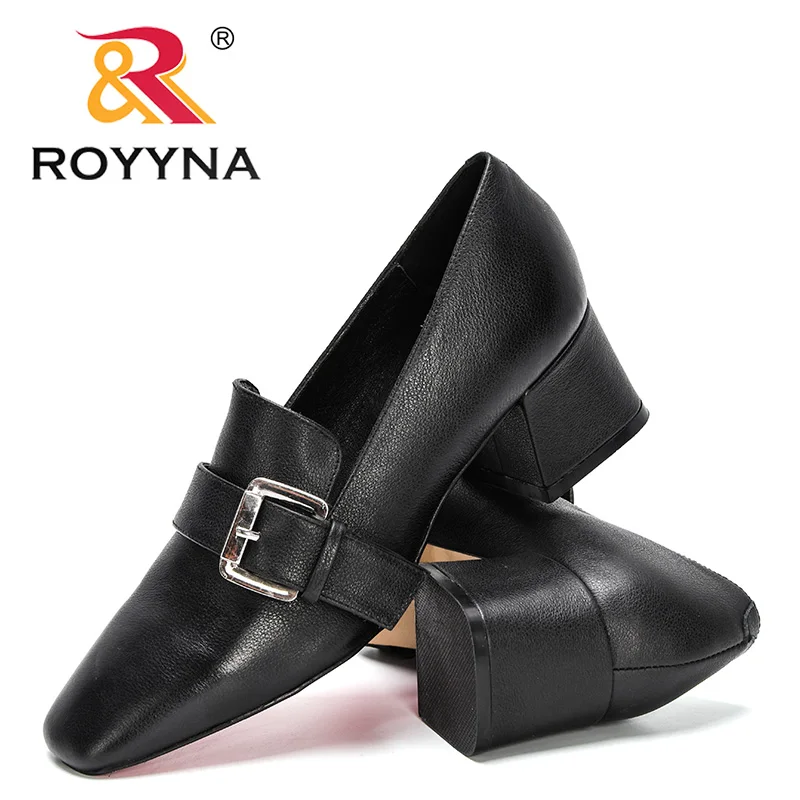 ROYYNA 2021 New Designers Thick High Heels Shoes Women Slip On Solid Color Heels Pumps Ladies Daily Dress Shoes Zapatillas Mujer