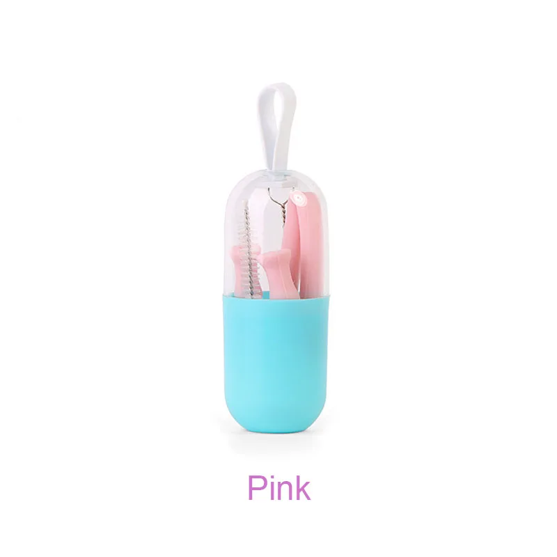 pink Складная Силиконовая трубочка многоразовая гнущаяся соломинка для напитков с футляром и щетка для чистки путешествий, дома, офисных напитков - Цвет: pink