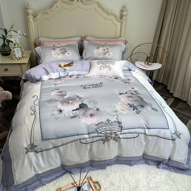 600TC Tencel Шелковый натуральный шелк комплект мягкого постельного белья King queen размер с цветочным принтом шикарный пододеяльник простыня комплект наволочка