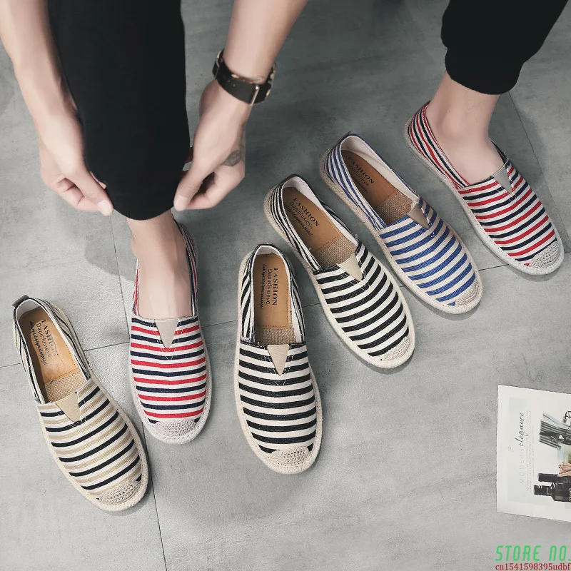 

New Spring Fashion Stripe Canvas Men's Shoes Comfortable Soft Men's Casual Flat Shoes Breathable Loafers Men Vulcanized Shoes