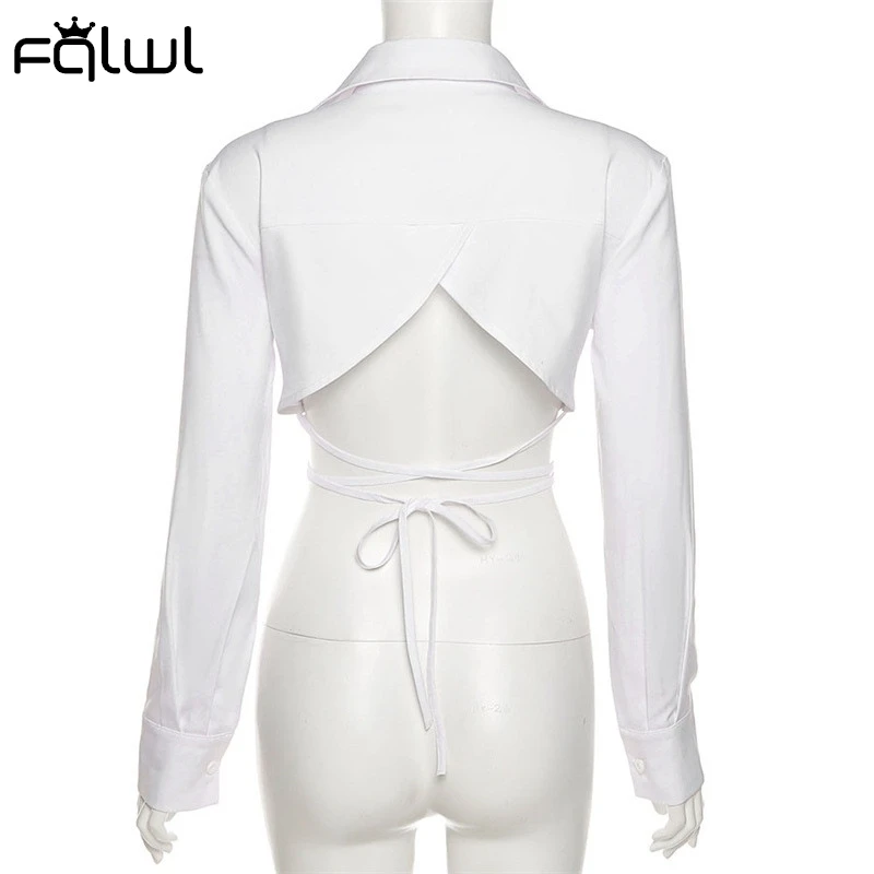 

FQLWL Summer Sexy Black Crop Top Women 2021 White long Sleeve Buttons Tops Female Solid V Neck Bandage Fashion Clubwear Tops