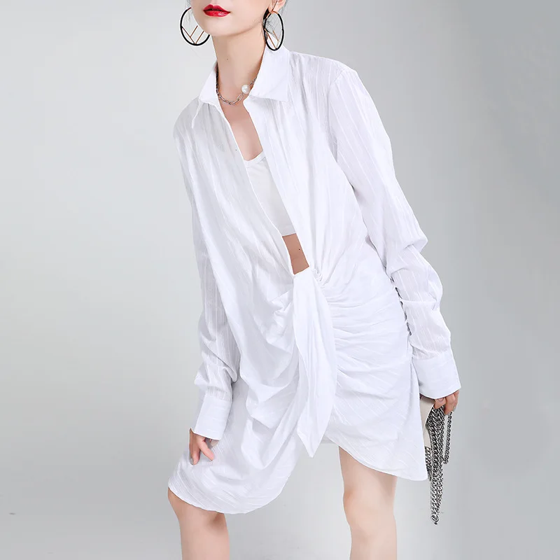

2020 Fall New Lapel Long Sleeve Irregular Shirt Dress Catwalk Style Lazy White Dress