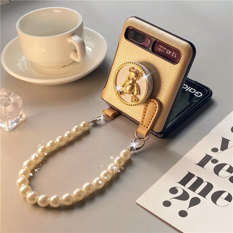 For Samsung Galaxy Z Flip 4G 4 3 Flip4 Flip3 5G Luxury Bear Stand Bracket Cossbody Long Metal Chain Gold Leather Case Cover