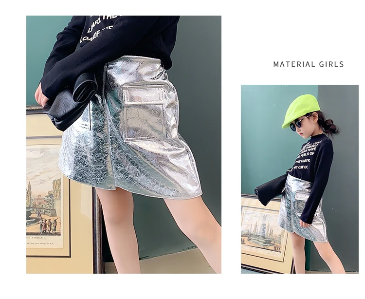 Girls skirt early autumn new bright face laser skirt was thin fashion foreign gas pocket A word skirt