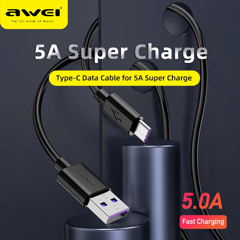 

Кабель для быстрой зарядки AWEI, USB Type-C, мобильный телефон, 5A, для Huawei, Samsung, Xiaomi
