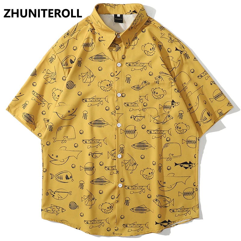 

2021 Harajuku Гавайский пляжный рубашки рыбы графики в стиле «хип-хоп» с принтом в виде Кнопка рубашка Мужская мода с коротким рукавом; Для выходн...