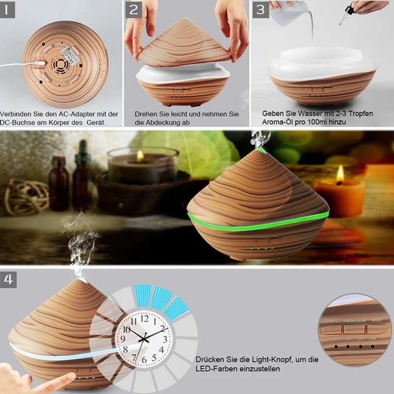 

500Ml Aroma Essential Oil Diffuser Ultrasonic Air Humidifier Wood Aromatherapy Purifier 7 Color Change Led Night Light For Home