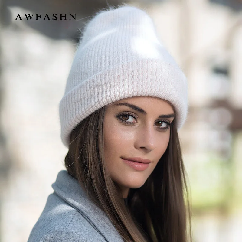 Новинка 2019 модная женская вязаная шапка из ангорской шерсти зимняя мягкая