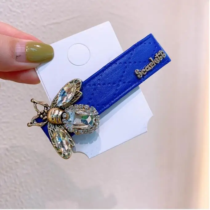 

women Vintage rhinestone PU leather duckbill clip classic insects letter sweet girls hair pins