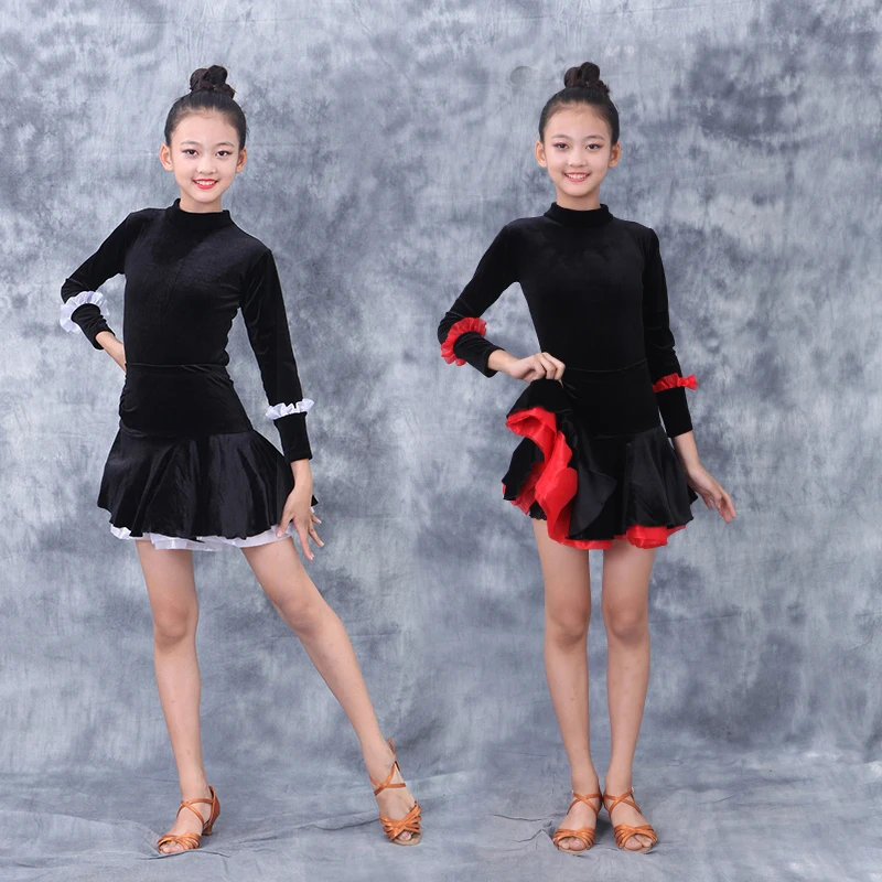 Детский костюм для латиноамериканских танцев DQS3406 черное бархатное платье с