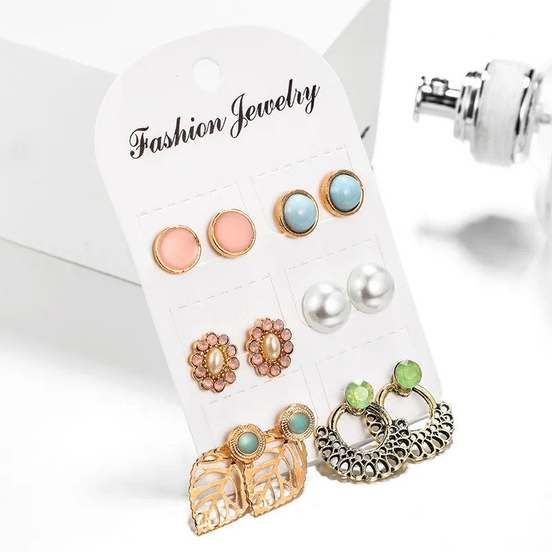 

6 Pairs Simple Geometric Candy Color Flower Leaf Pearl Stud Earrings