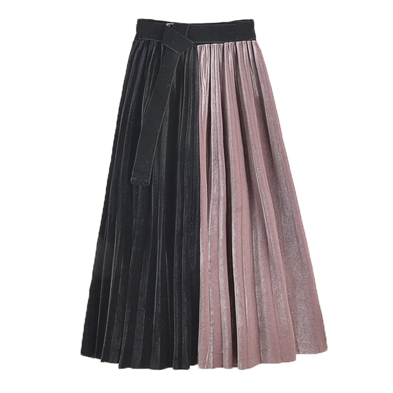 

Korean Autumn trend velvet stitching pleated skirts Joker Elegant slim long A-line pleated skirt Mid-Calf Patchwork skirt woman