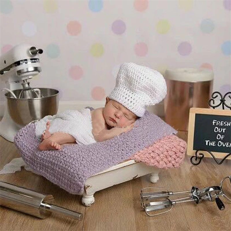 

Newborn Baby Photography Props Accessories Chef Hat Knitted Cook's Caps Boy Girl Photo Hats Cooking Theme Studio Prop