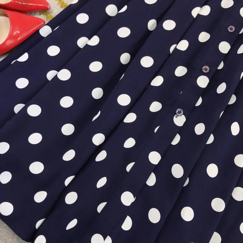

High End Quality 11.20 Fashion Vintage Lapel Polka Dot Print Pleated Single Breasted Women Elegant Temperament Midi Dress