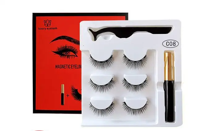 

20set/lot (3Pairs False Eyelashes+Eyeliner+Tweezers) 3D Synthetic Magnetic Self-adhesion Three In One Suits Makeup Tools HA1882