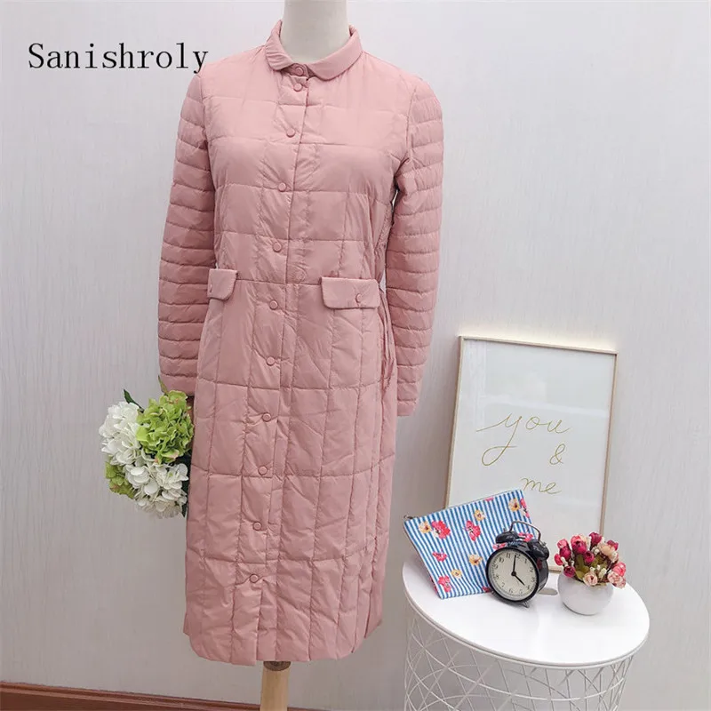Женское длинное пальто на шнуровке Sanishroly осенне зимнее ультралегкое пуховое
