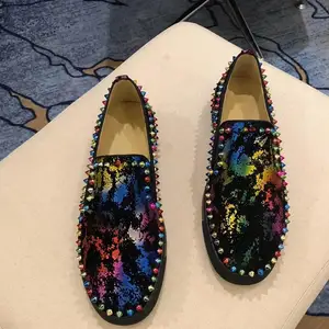 Luxury designer Men's Multicolor Spikes flats charm shoes Handmade Wedding Dress Evening Formal Shoe