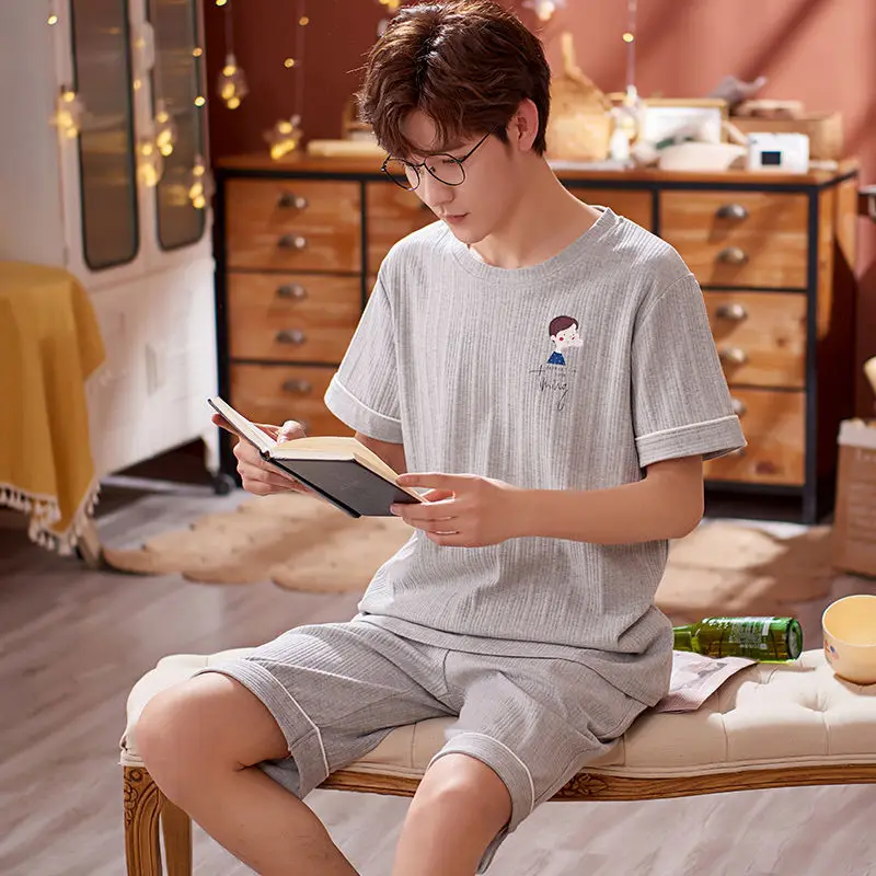 

2021 Spring Summer Men's Cotton Short Sleeve Top Short Pants Youth Casual Exercise Homewear Fashionable Suit Pajamas