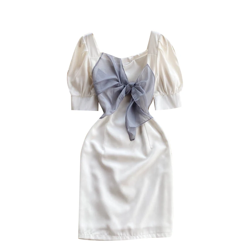 

Light mature dress 2021 new summer women's design small bow color contrast stitching slim short skirt
