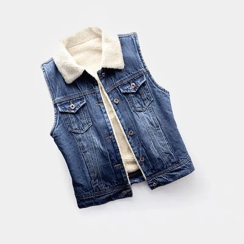 Жилет женский джинсовый модная теплая куртка без рукавов из плотной шерсти