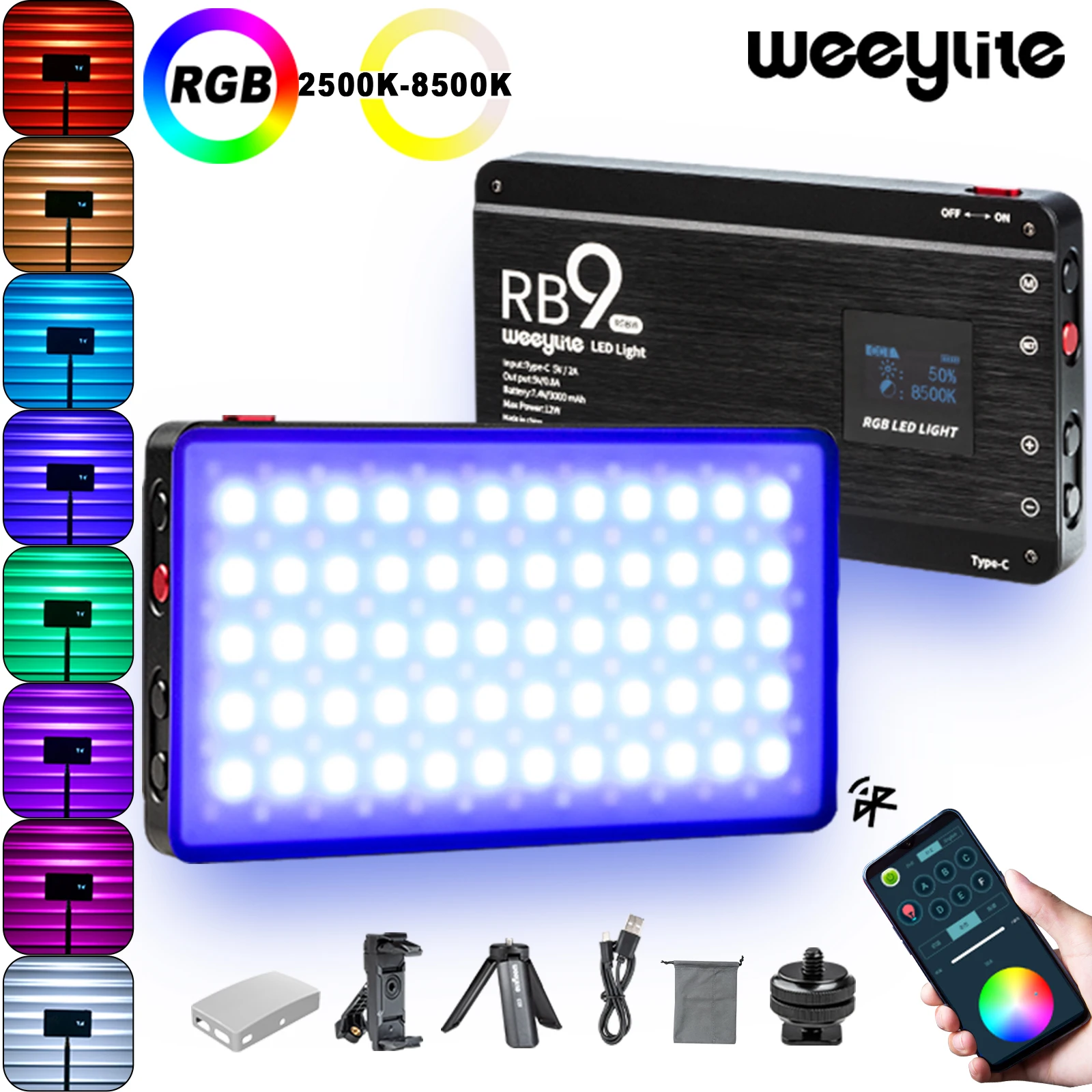 Emissor de Luz Portátil do Rgb de Weeylite Video da Suficiência do Bolso da Bateria Mini com Tripé Rb9 para o Diodo 95 da Luz Diodo Incorporado Cri 2500-8500k