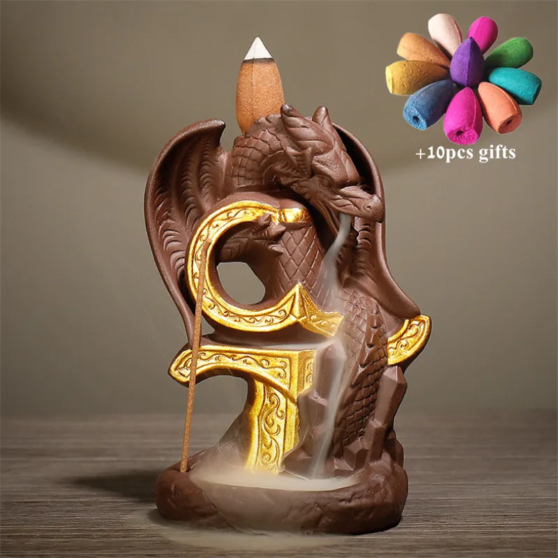 Керамическая курильница с золотым Драконом обратным потоком водопадом