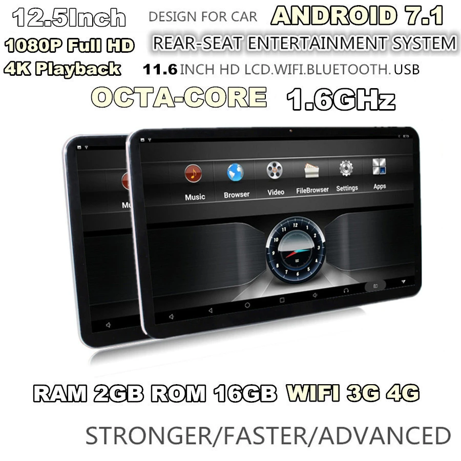 Пара 12,5 HD 1080P Android 7,1 ram 2GB rom 16GB Octa-core 1,6 GHz wifi 3g/4G BT HDMI подголовник заднего сиденья мониторы сенсорный экран