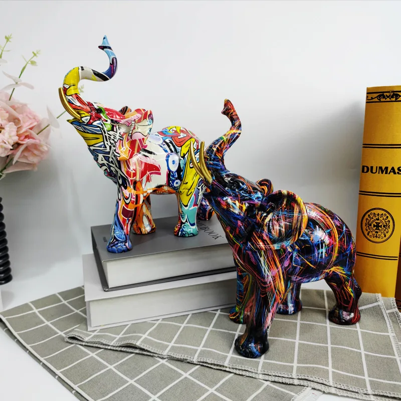 

Graffiti Colorful Painting Animal Elephant Sculpture Ornaments Crafts Home Porch Desktop Decor Christmas Gift Animal Ornament