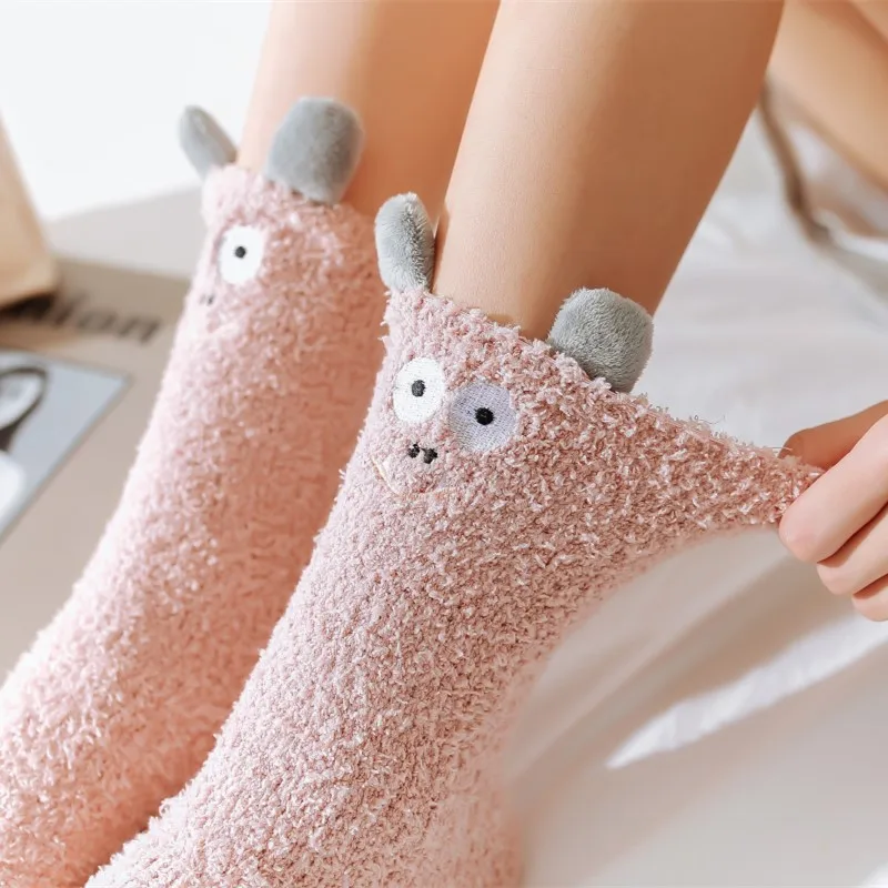

Winter Women Warm Fuzzy Socks Cartoon Ear Animal Coral Fleece Thicken Sleep Floor Socks Midi Tube Soft Furry Socks
