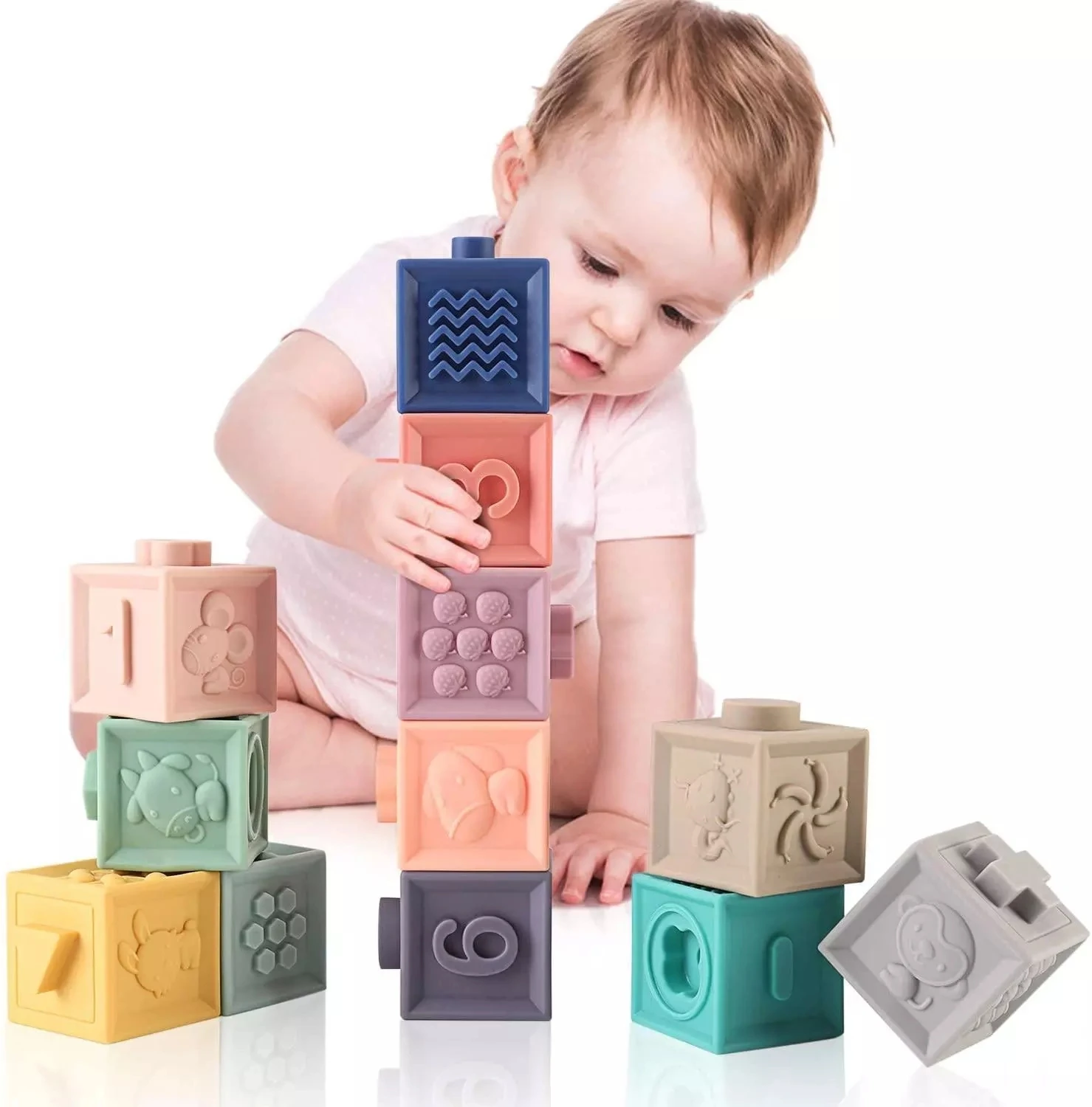 

Baby Toy Soft Sensory Silicone Educational Building Blocks 3D Touch Hand Balls Baby Massage Rubber Teethers Squeeze Toy Bath Toy
