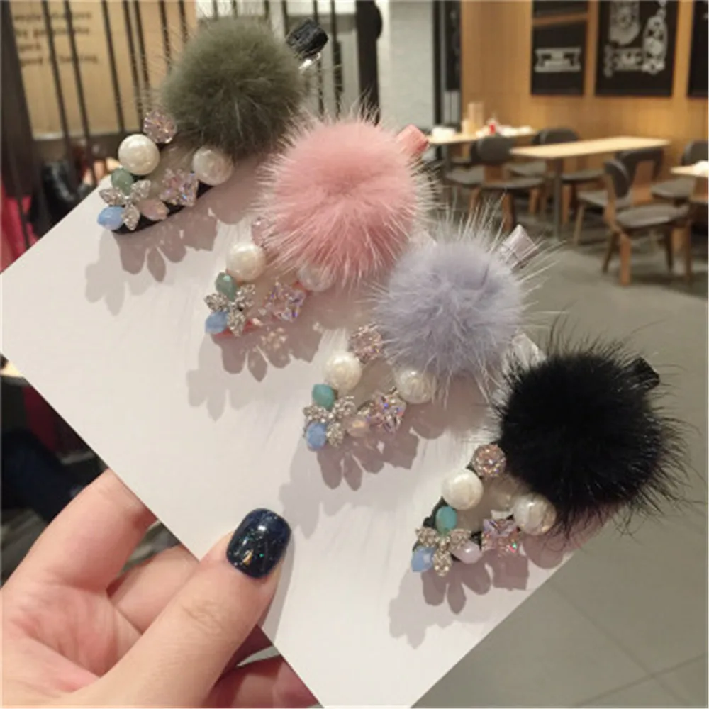 

Korean Fashion Side Clip Mink Plush Hair Bangs Clip Ball Hair Accessories Female Adult Rhinestone Crystal Hair Hair Clip Headdre
