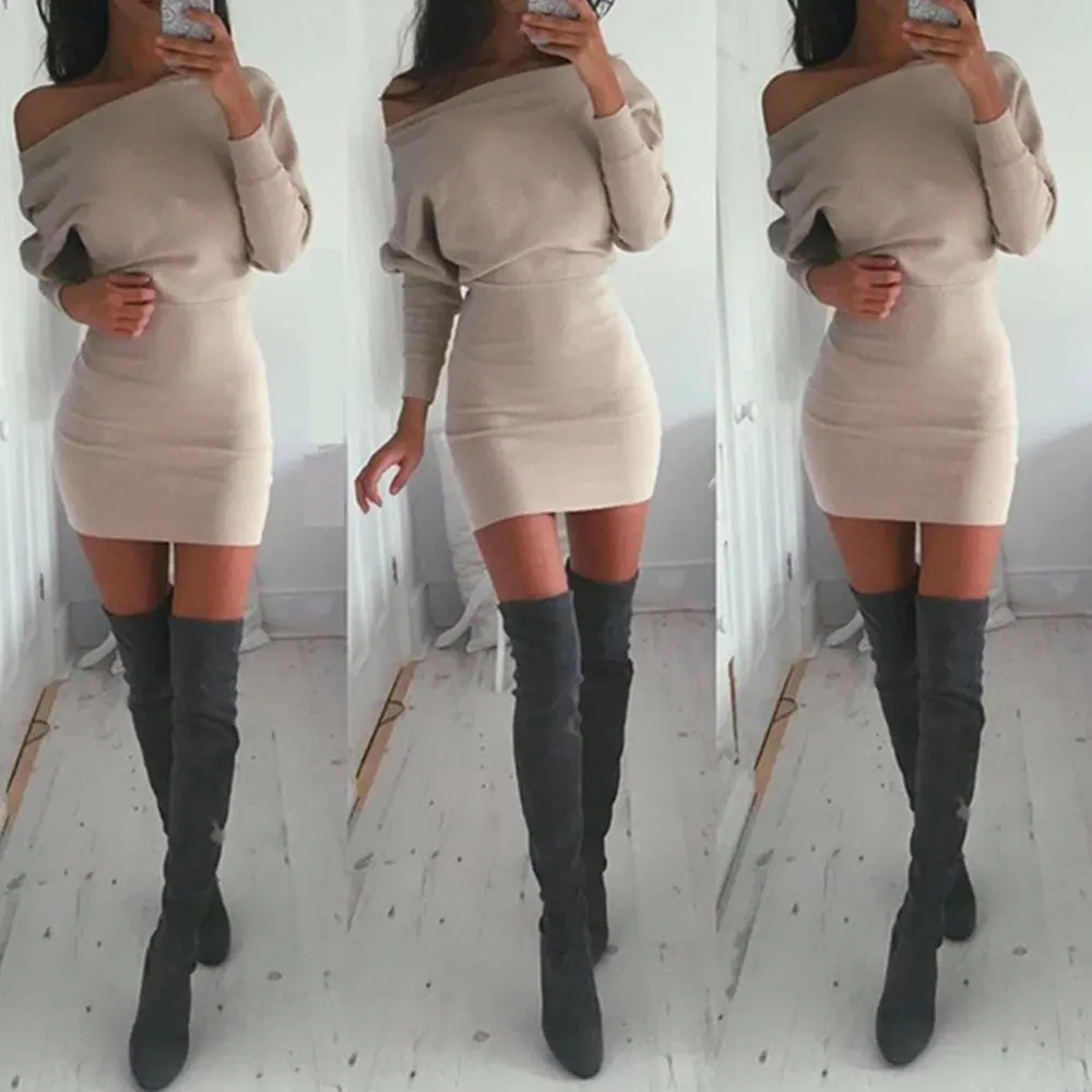 

Mini Sexy Dress Women A-Line Off Shoulder Long Sleeve Clothes