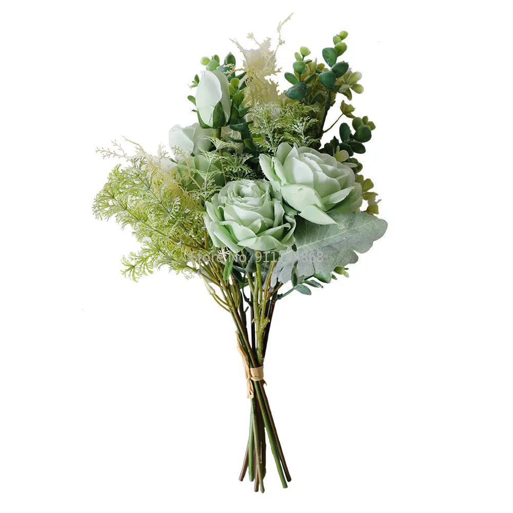 

New Green Artificial Flower High Quality Silk Rose Plastic Eucalyptus Mixed Bouquet Wedding Home Decoration Fake Flower 53cm