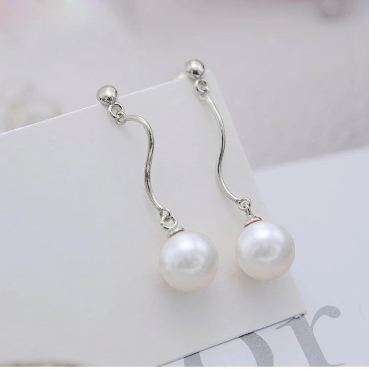 

MeiBaPJ 8-9mm Round Natural Freshwater Pearl Wavy Line Drop Earrings Real 925 Sterling Silver Fine Charm Jewelry for Women